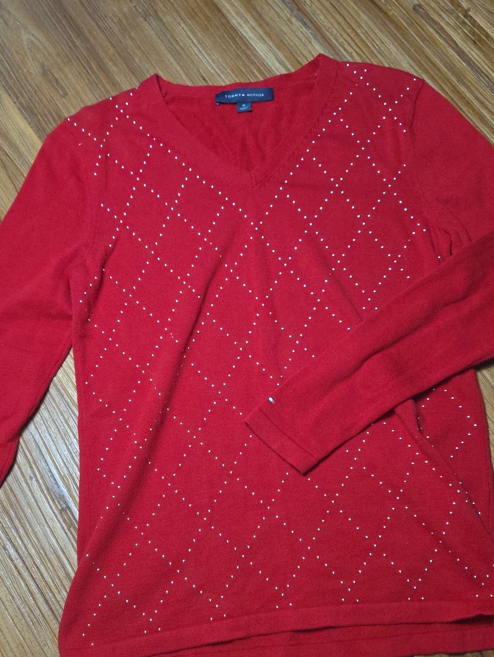 Tommy Hilfiger Red V-Neck Sweater with Studded Diamond Pattern